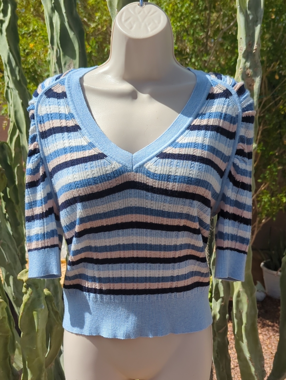 White House Black Market Striped Lightweight Ribbed Knit V-Neck Sweater Small
